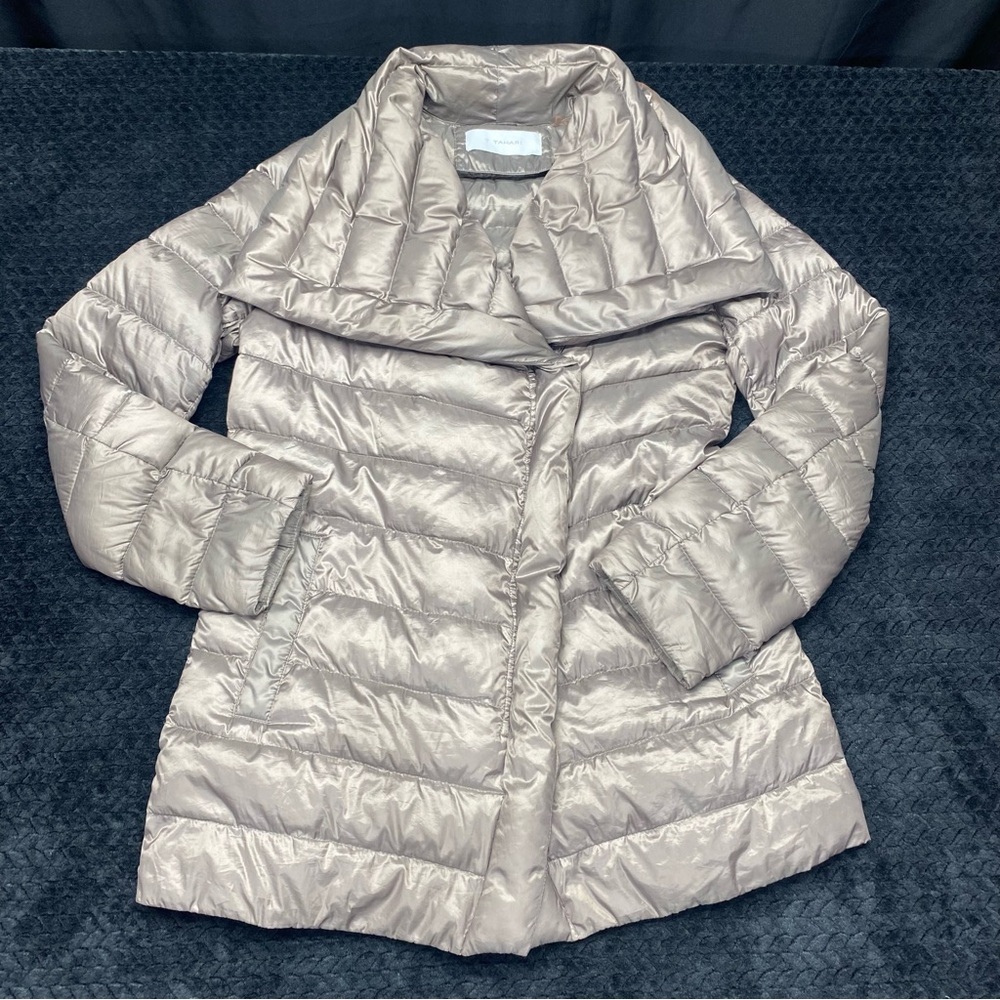 T Tahari Metallic Gray Puffer Jacket Women’s S Pockets Zip Snap 80 Down 20 Feath - Picture 4 of 13